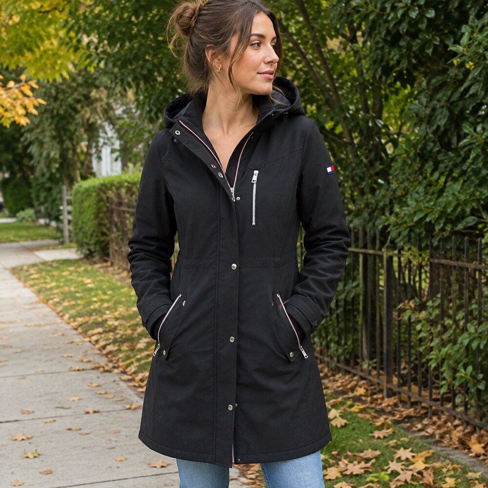 Tommy Hilfiger Womens L Black Softshell Long Hooded Coat Jacket Zip Pockets